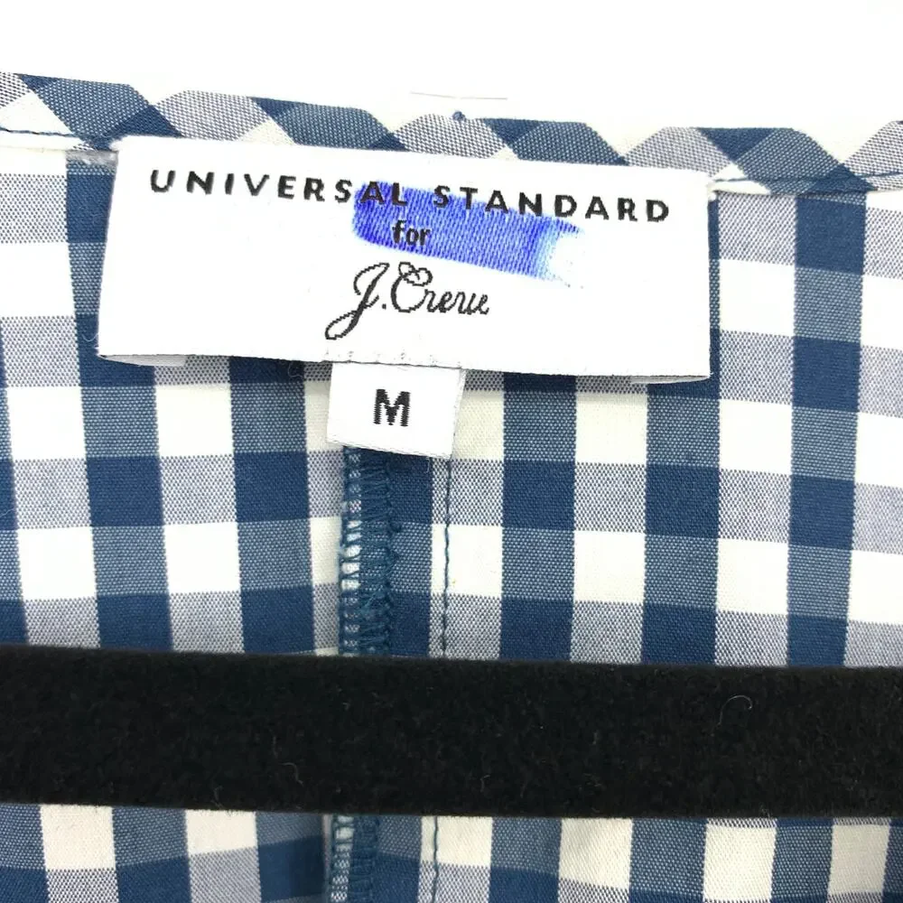 J. Crew Top X Universal Standard Sz M Gingham Tie Sleeve Blouse Blue White